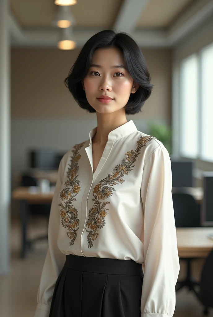 (photorealism:1.2), Asian lady,age 38,short black hair,height about 168 cm,weight about 140 lbs,fair skin,indoor office,standing up,wearing Myanmar traditional blouse .