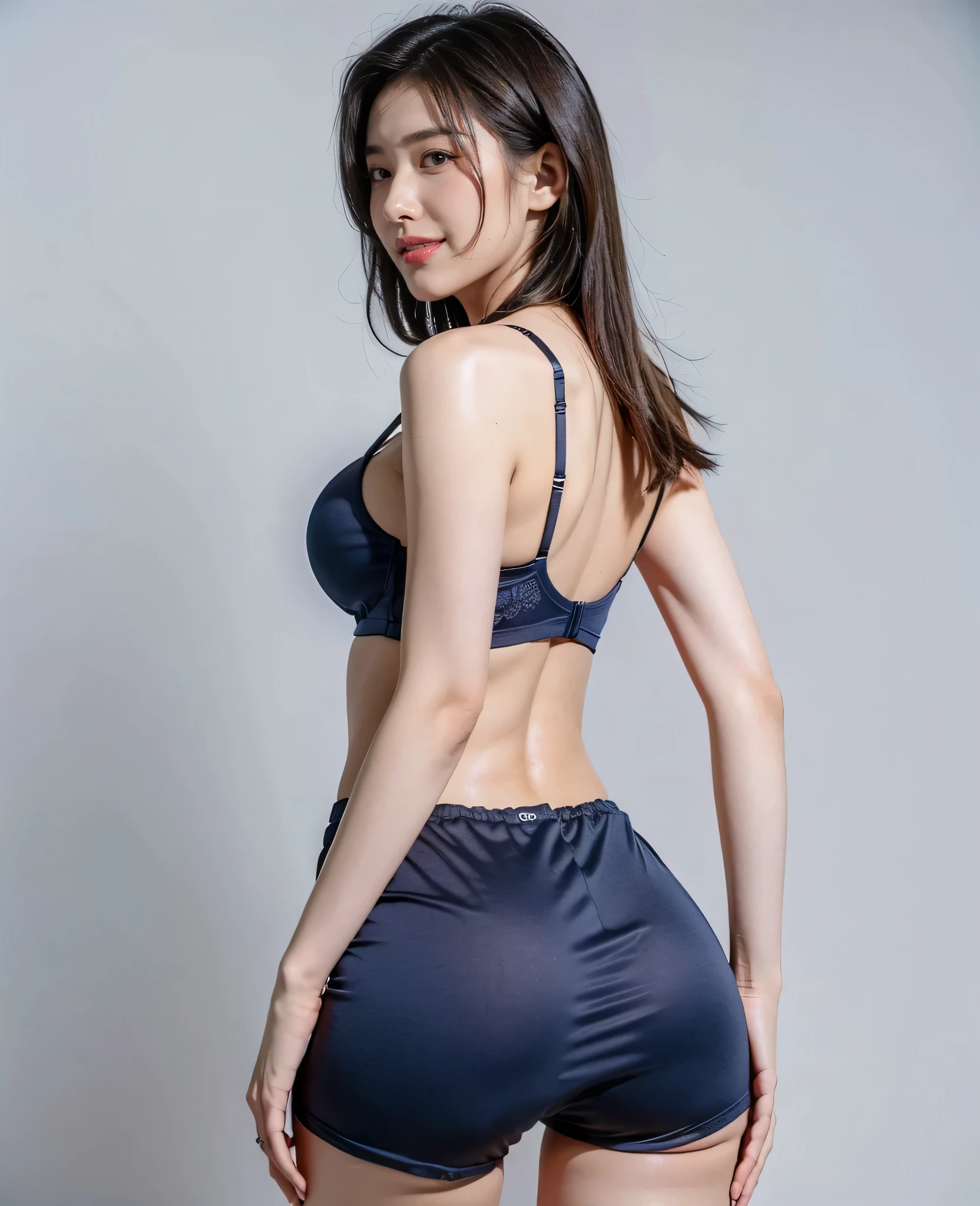 ((Tabletop, Highest quality, High resolution, Hmph, Pixel perfect, 4K, Hmph, Hmph))), 1 girl, single, alone, Beautiful woman、I could see the whole body, Medium chest, Dynamic Angle, Perfect body, ((Navy blue bra, ,Dark blue T-back, Beautiful ass, Big Breasts)), Beach、Looking up from the bottom of the stairs、Very embarrassing panic smile, looked back、Leaning forward significantly、(My butt was exposed...............................、Touch your buttocks with both hands、Spread your legs、Dark blue T-back)