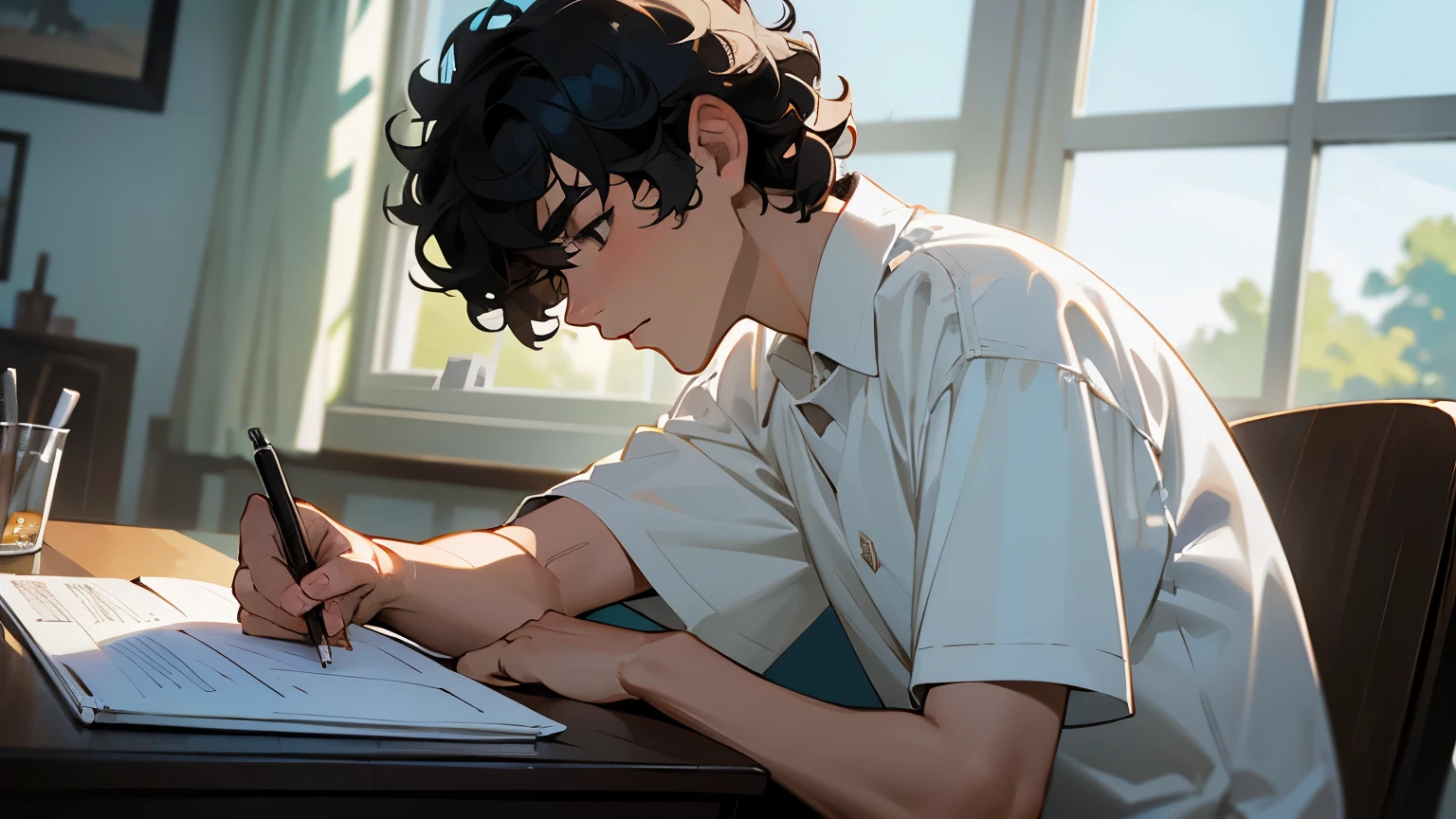 Highest resolution, masterpiece, extremely detailed, a cool-looking man, black hair, short hair, curly hair, white short-sleeved shirt, sitting at a desk, writing notes in a notebook with a pen in his right hand, in a room, Bright, blue sky visible from the window, sideways angle, upper body composition