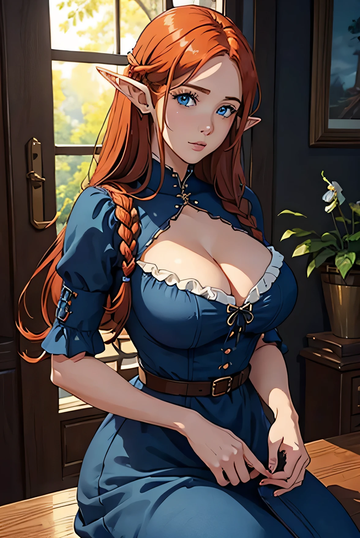 Cute Farmgirl with Braids. ((red haired woman, mature woman, female 30s, long hair, pointy ears, elf ear)), Perfectly round face. Beautiful cute face, Big beautiful voluptuous lips, charming beauty, ((gentle expression on your face)), ((Beautiful large, detailed blue eyes)), Waist slender, Broad Hips ((Dark blue dress with ruffles, modest dress, very high neckline)) (highy detailed)),offcial art, Award-winning digital painting, digital illustration, extreme detail, 4K, ultra HD, Rococo, polished, Intricate, realistic fantasy art, sharp focus, conceptual artwork, arte por WLOP, artgerm, (2D vector illustration) Light, airy, hourglass figure. ellie bamber
