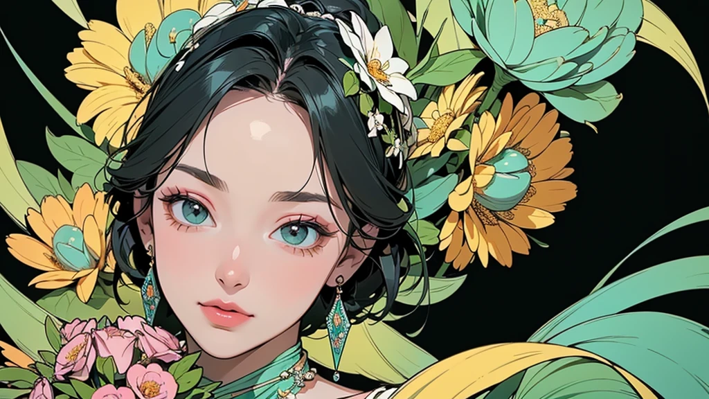 32K, 最高quality, 最高masterpiece, (ultra-Detailed Background, Detailed Background), High resolution, Super detailed, Very detailedな, One girl, (bouquet:1.3), (Tangled:1.2), (Geometric:1.2),(colorful),(masterpiece, quality, best quality, Official Art, Beautiful and beautiful:1.2), (1 girl:1.3), Very detailed,(colorful:1.1)(Flowers:1.3),Most detailed,(Tangled:1.2), whole body, (Abstract background:1.3), (Skin glows), (Many colors:1.4), ,(Earrings Jewelry:1.5), Light green background,