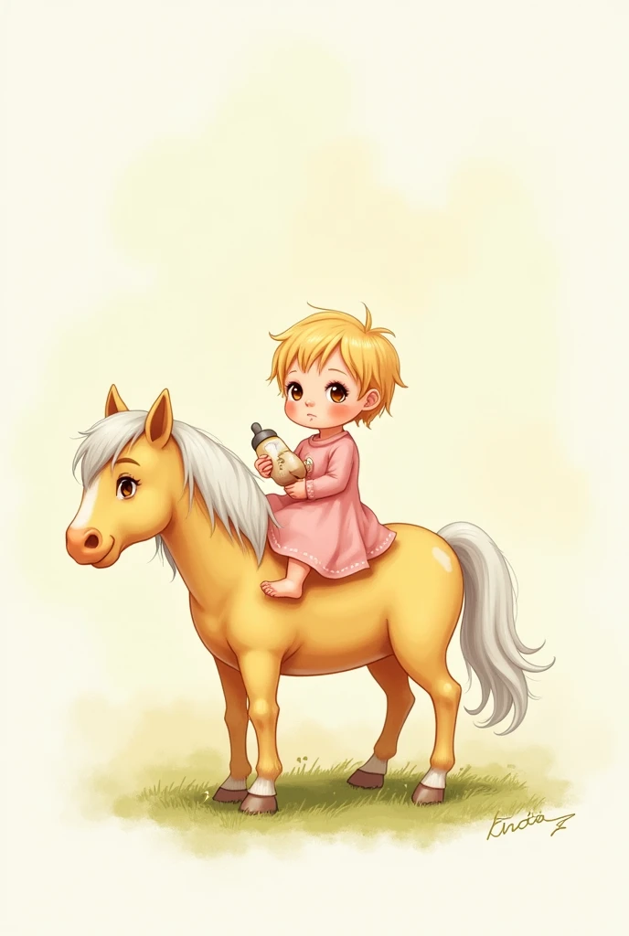 A little baby, blonde, Brown eyes, in a pink dress and a baby bottle riding a light yellow horse, short white mane like watercolor illustration
