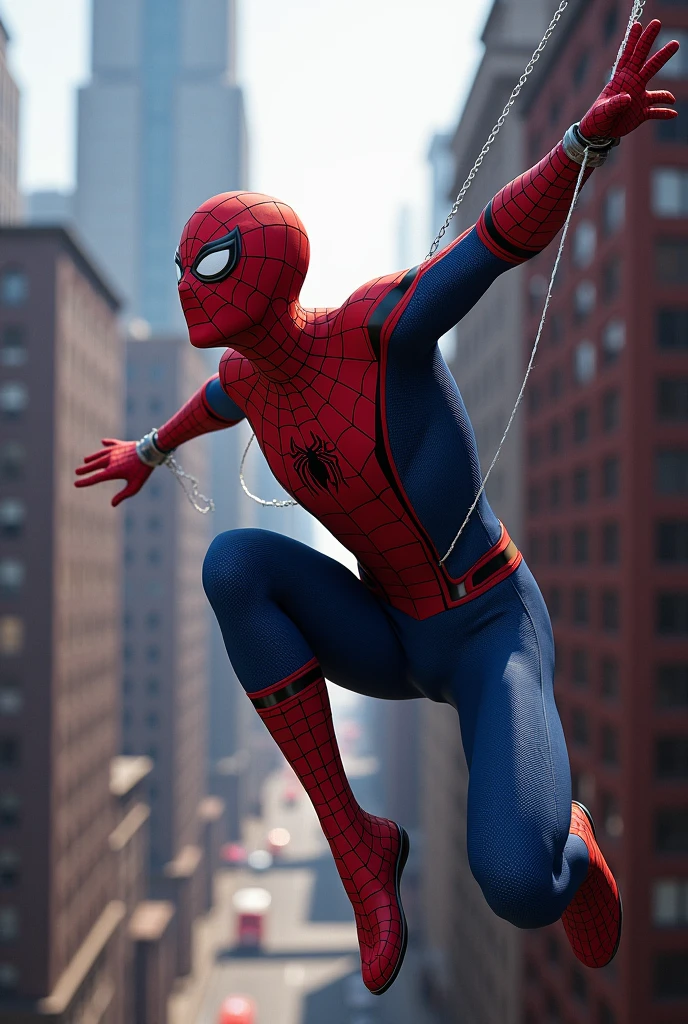 Make Spiderman using web with his hand to a building