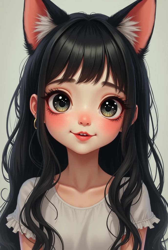 A cute adorable girl that has round black pearl gaze, cute nose button and pointed lips. She has a pair of cute fangs inside her mouth. She has fair skin and has long wavy hair down to her waist. She has free earlobe. She looks cheerful amd has wildcat behaviour.
