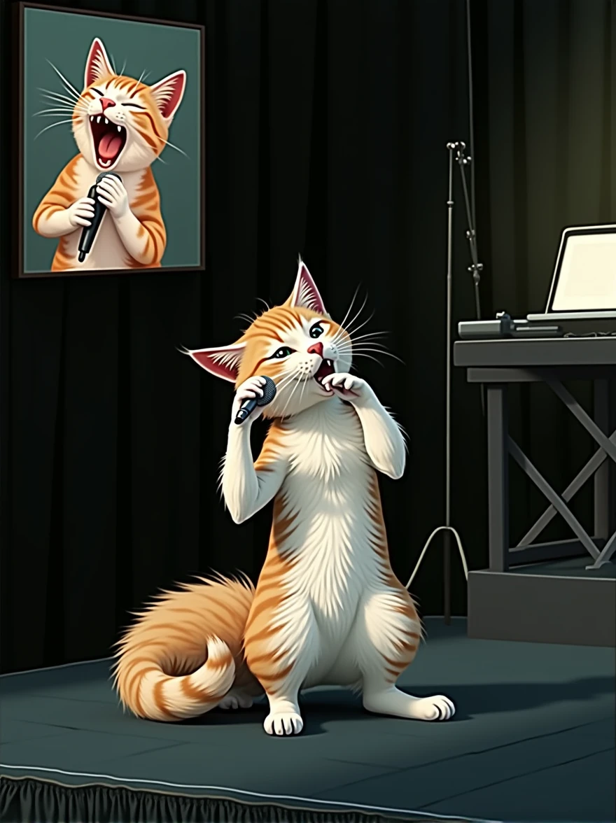 A cat is sitting on the stage and singing with a microphone。The small picture in the upper left corner of the screen is a photo of a cat yawning with its mouth wide open.。