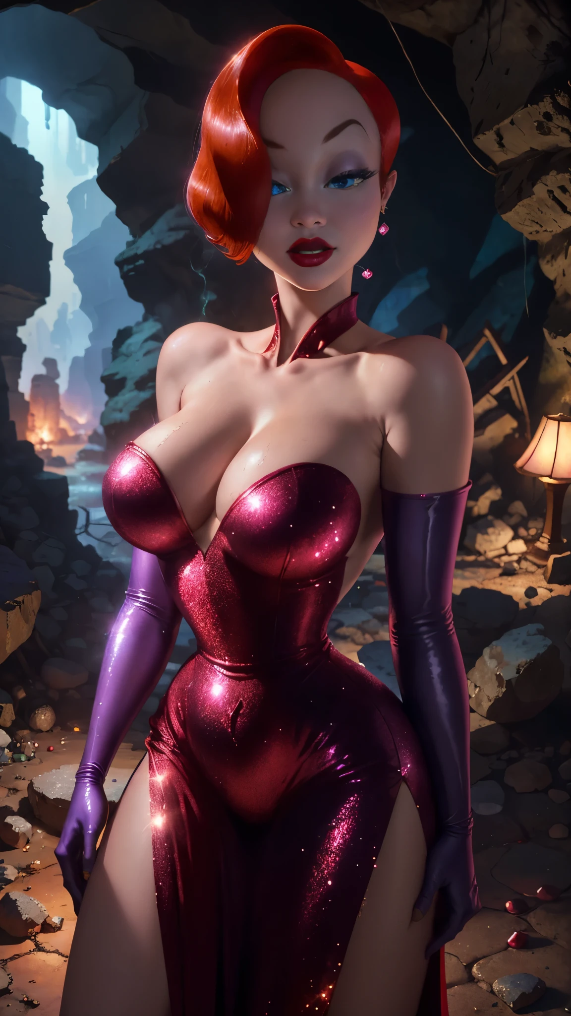 masterpiece, HD, full detailed, Jessica Rabbit, sideless red dress, glitter dress, purple sleeve gloves, red hair, detailed eyes, perfect eyes, green eyes, pink eye make up, red lipstick, cleavage, seductive look, looking at viewer, presenting pussy, spread pussy, pubic hair, pussy, cum dripping, Unreal Engine:1.4,UHD,The best quality:1.4, Photorealistic:1.4, skin texture:1.4, masterpiece:1.8, More detailed 8K.Unreal Engine:1.4,UHD,La Best Quality:1.4, Photorealistic:1.4, skin texture:1.4, masterpiece:1.8,first work, Best Quality,object object], (detailed face features:1.3),(The correct proportions),(Beautiful blue eyes:1.4 ),  (cowboy pose:1.4 ), (perfect anatomy :1.4),( cinematic lighting :1.4),( face detailed :1.4), ,(Background of ruined dungeon ruins cave cavern big stones alley Tokyo :1.4 ), (Jessica Rabbit:1.4) 