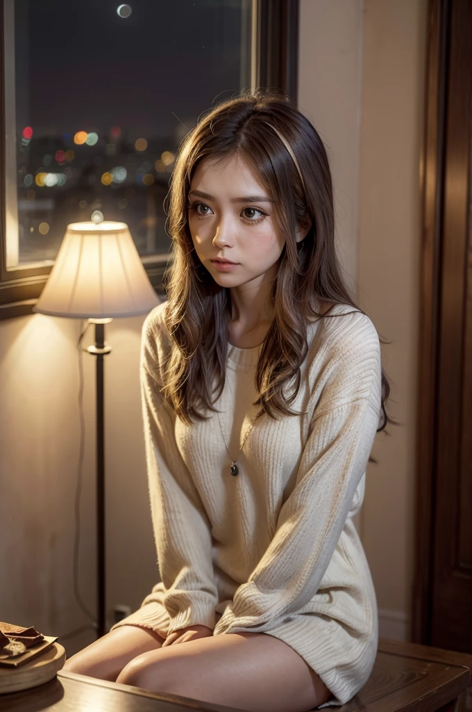 "A melancholic young woman sitting by a window at night, illuminated by soft moonlight and the warm glow of a nearby lamp. She's looking out at a city skyline with twinkling lights. The room is dimly lit, with an open door visible in the background. A landline phone sits on a small table next to her, with a framed photograph beside it. The woman's expression is wistful and longing, her eyes reflecting both hope and sadness. The overall atmosphere is one of quiet anticipation and nostalgia, with a color palette dominated by deep blues, soft purples, and warm yellows. The style should be realistic with a touch of dreamlike quality, emphasizing the emotional weight of the scene."