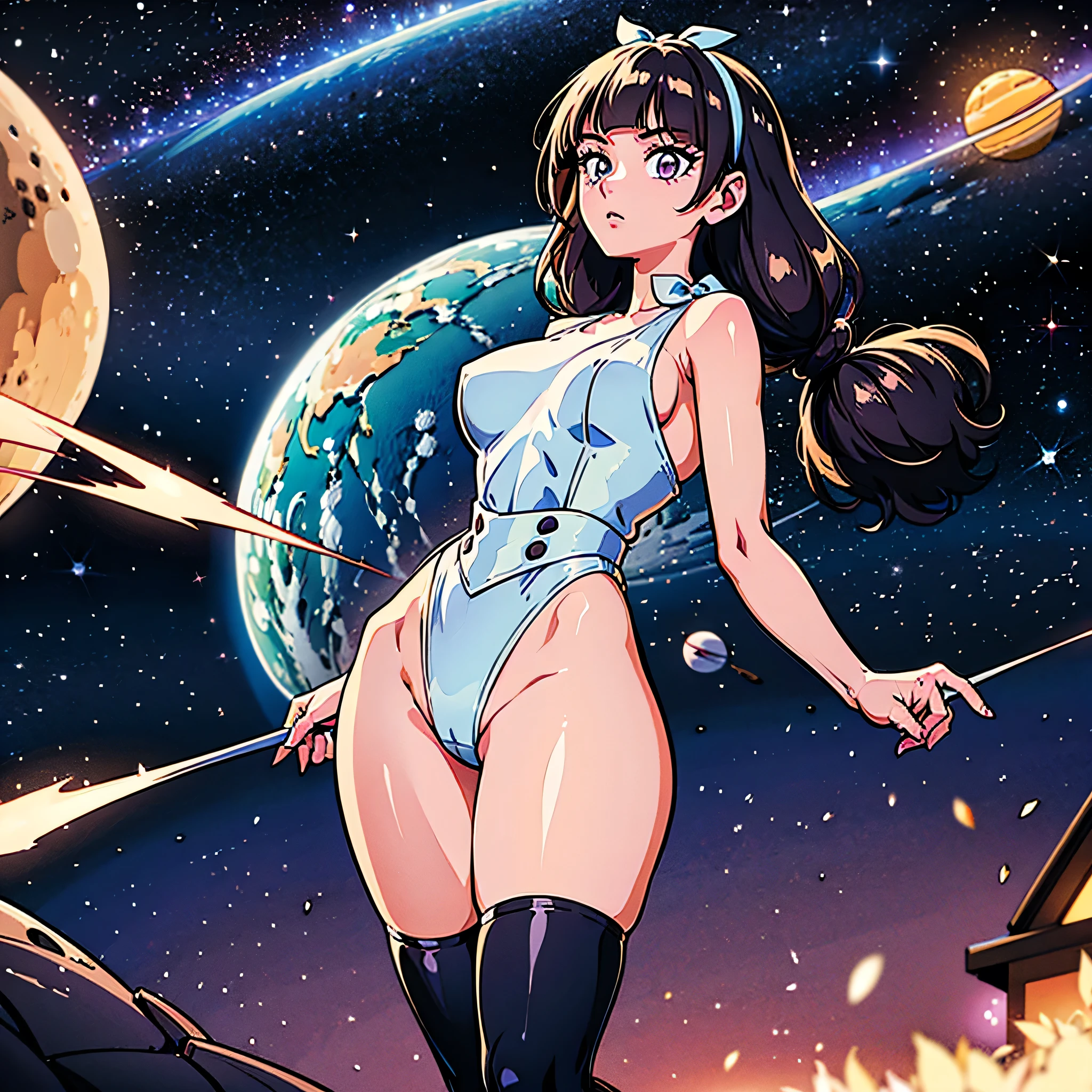 (1 girl), (solo), ((amanogawaki)), best quality, highres, high quality, 8k, HD, super detail, anatomically correct, UHD, accurate, (masterpiece:1.0), (high quality:1.0), (ultra detailed), (Planets on a Galaxy background), Looking Back, Looking At viewer, Serious Face, detailed eyes, (Black Leotard), (Black thigh Highs), (perfect hands), (Thick Hips), (Thick Thighs), buttcheeks, Purple eyes, (detailed eyes)