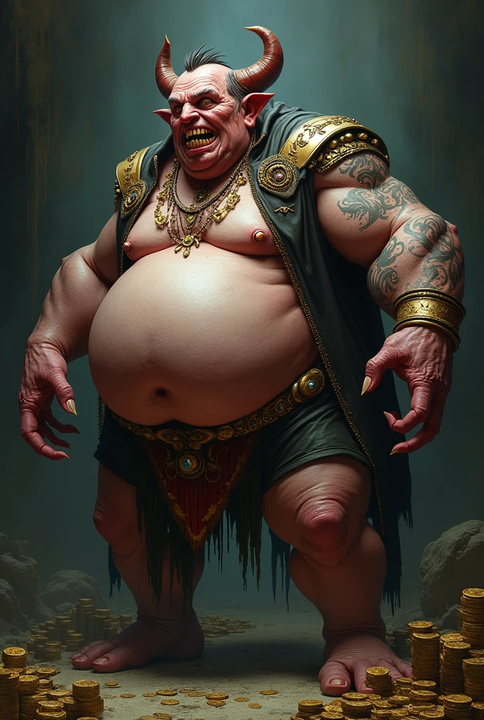 Fat mammon demon with a human face and money