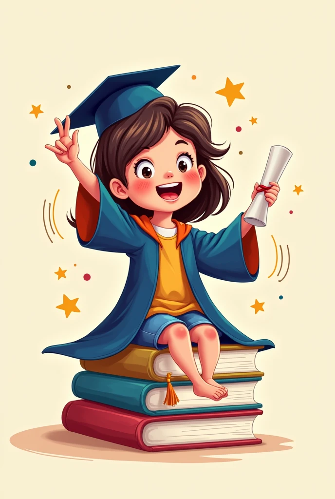 Colored cartoon of girl in graduation gown, happy and sitting on some books and diploma in one of her hands