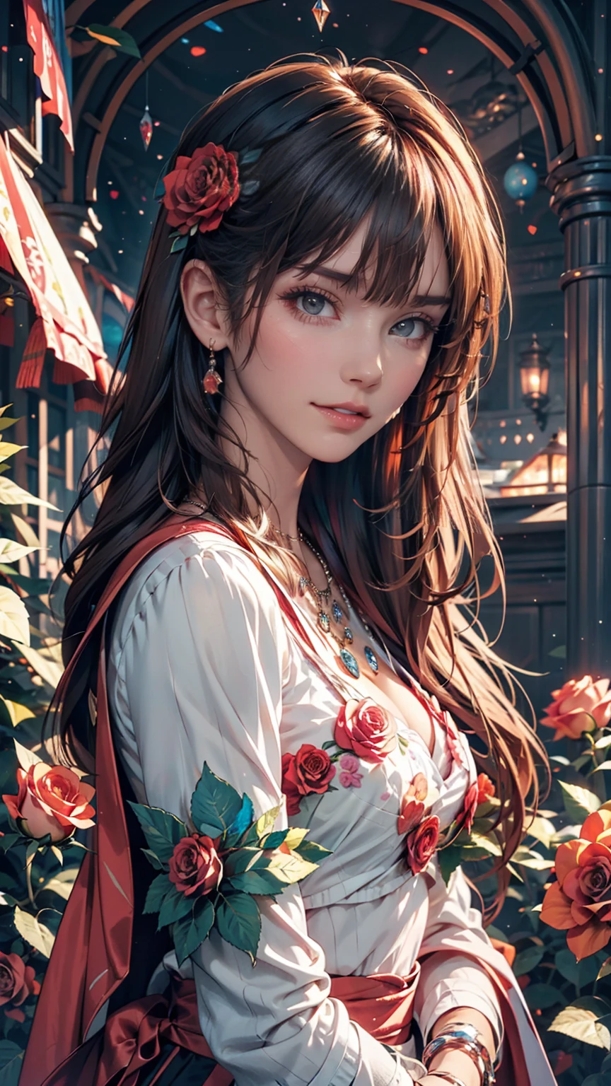 Close-up of a woman with colorful hair and necklace, Anime girl with space-like hair, The gentle vitality of rose roses, Gubes-style artwork, Fantasy art style, colorful], Vivid fantasy style, Ross draws vibrant cartoons, cosmic and colorful, Gwaiz, colorful digital fantasy art, Great art style, Beautiful anime style, Full body lighting, Skin Brightness, Sexy look