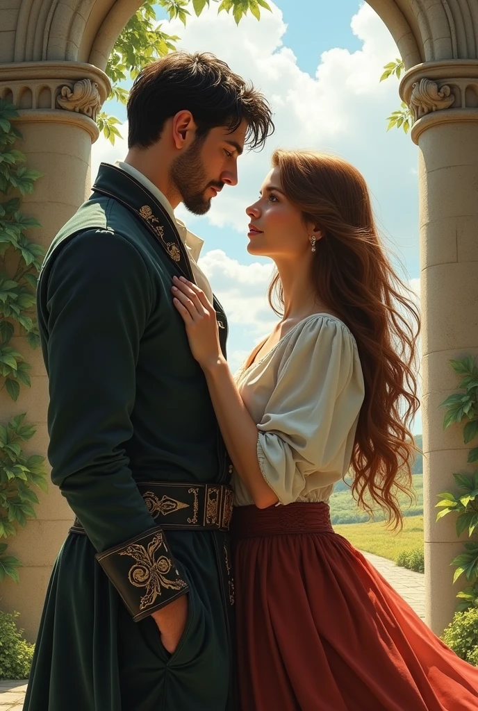 A cover for a fantasy romance novel with the title words “Beneath the Kingdom’s Shadow”: In a utopian sci-fi fantasy world, a farmer’s daughter named Tristin, aged 25, long chestnut hair, unassuming beauty, simple skirt and blouse, and Prince Kendrick who is 35, taller than Tristin, with short dark hair and a hint of facial hair, in regal attire. Back drop is a stately stone manor befitting a prince who likes simplicity.