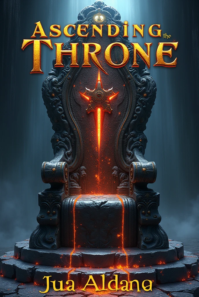 A book cover.
The title will be: Ascending the Throne. It will be centered at the top and written in gold..
In the center of the cover you will see a throne made of volcanic rock and precious stones embedded around it..
Below in the center will be the name of the author which is: Juan Aldana. Also written in gold letters The title will appear written in Spanish.