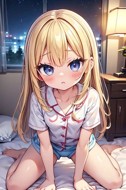 One person!!、Baby Face、(Ahegao)、Lori、human、6 year old girl、Long Hair、Blonde!、With bangs、small、1st grade elementary school students、Big eyes、barefoot、black eye、cute、Are thin、凄くsmall胸、身長のsmall、体のsmall、Short legs、On all fours、pajamas、Night view、Bedroom、bed、Bare Skin、Show your face、((Lying down))、Get closer to the camera