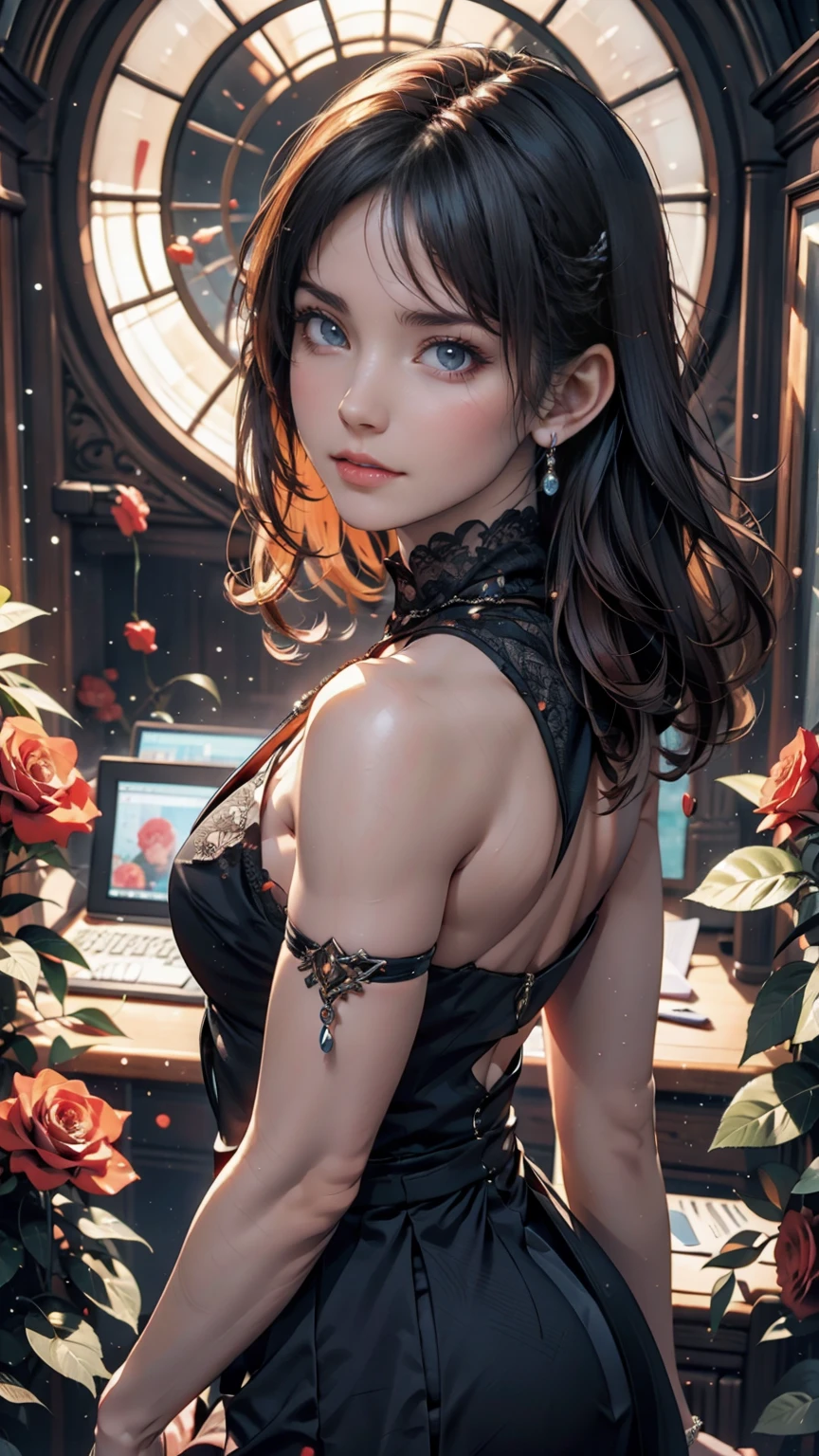 Close-up of a woman with colorful hair and necklace, Anime girl with space-like hair, The gentle vitality of rose roses, Gubes-style artwork, Fantasy art style, colorful], Vivid fantasy style, Ross draws vibrant cartoons, cosmic and colorful, Gwaiz, colorful digital fantasy art, Great art style, Beautiful anime style, Full body lighting, Skin Brightness, Sexy look