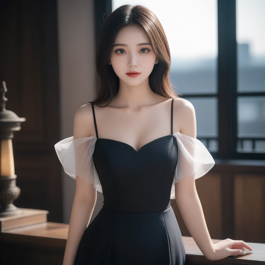 8k, Ultra-high resolution, highest quality, masterpiece, surreal, photograph, 1 girl, (:1.3), pretty girl, Cute Face, Beautiful eyes in every detail, Detailed,masterpiece,, One Girl:1.2, Japan Female Announcer,medieval europe，Castle,PRİNCESS,clear,noble,Elegance,From a good family,black silk dress,Long Straight Hair,Pencil Skirt、Black high heels、Black high heels、Ultra-fine face，Fine Eyes，double eyelid,Bold Pose,Looking at the audience、beauty,Long neck、Laugh a little、Please close your mouth and laugh、(((Ideal body type))),A cup small breasts :2,whole body、Perfect Anatomy、Vividly detailed、detailed、surreal、Light and shadow,Strong light