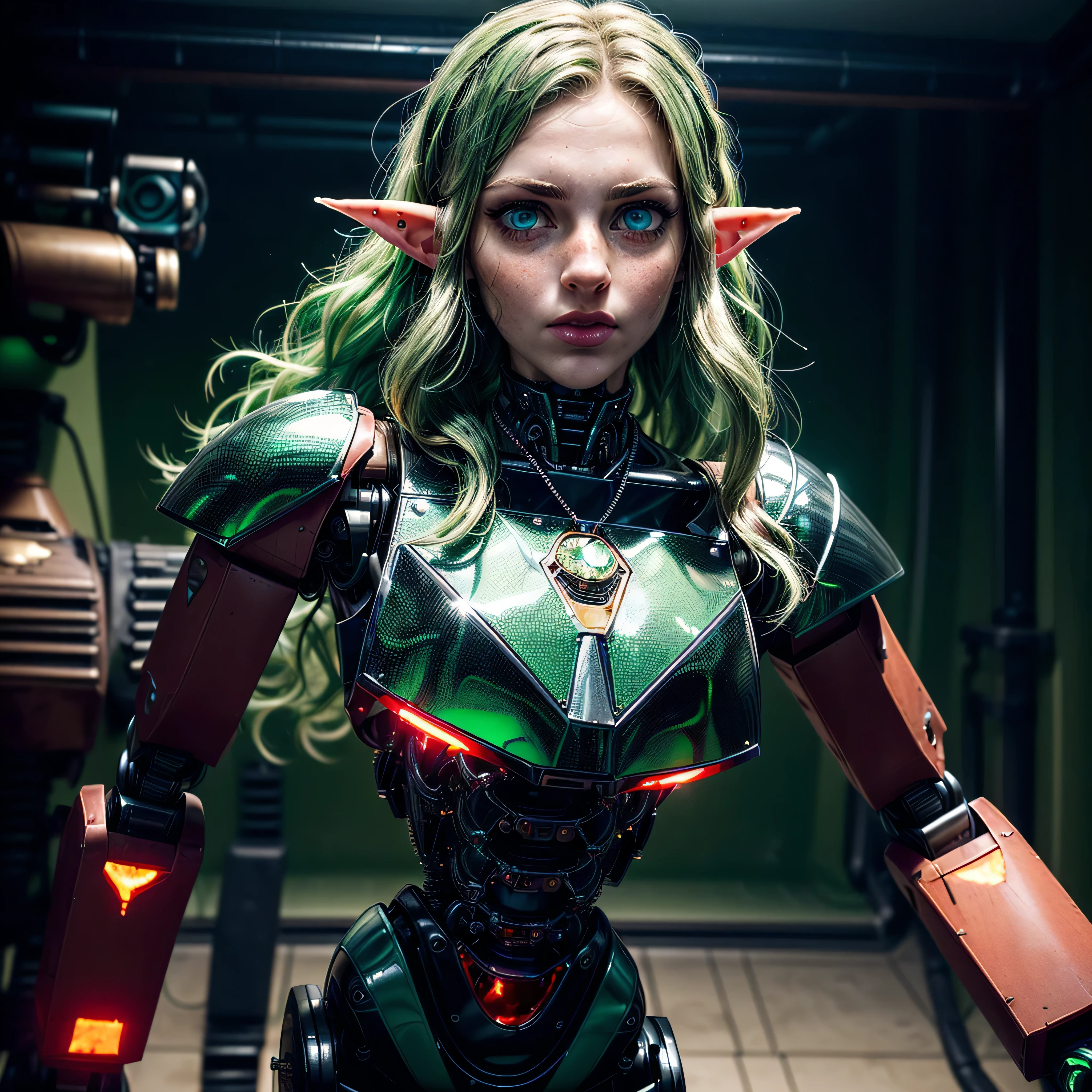 (masterpiece, photorealistic:1.4, extremely intricate:1.3), (photon mapping, radiosity, physically based rendering, ultra resolution, hyper-realistic, photorealistic:1.4, hyper-realistic, 8K), ((((humid Elven teenage 20year, [waif:girl:0.4], (wide eyes, long lashes, [medium breasts:large breasts:0.3], black chrome breastplate armor:0.9)), long wavy parted ([bright blonde hair:green hair:0.3], [natural:freckles:0.8])), necklace), blue eyes), agony, BREAK, (((It's a futuristic humid dark room, she is a ((torso mounted on robot dreadnaught legs)), mechanical arms, mechanical torso, wires, tubes, mechanical hair, wiring, cybernetic red crystal chrome)))
