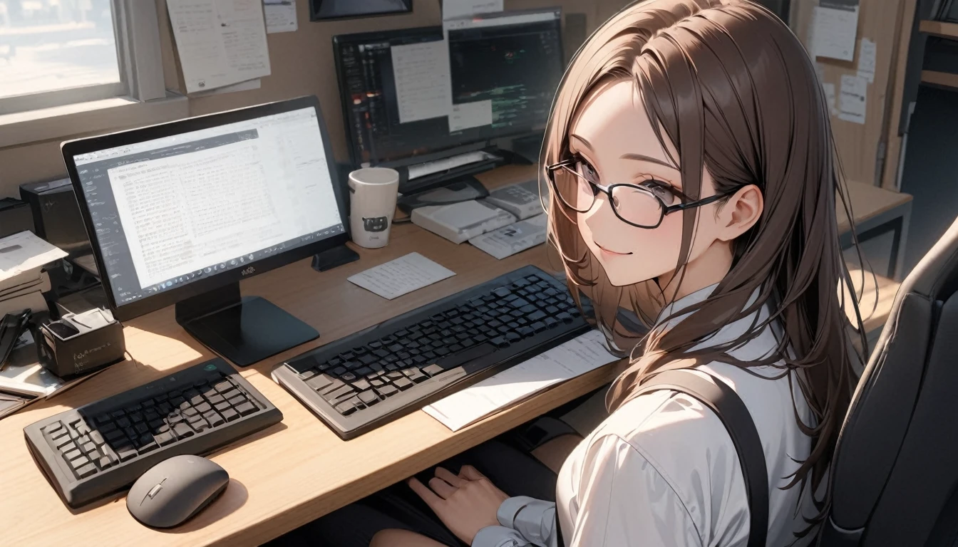 パソコンで仕事をするProfessionalグラマー,Portraiture,Professional,Wearing a smart suit,Stylish glasses,Typing on a sophisticated computer,Use a wireless mouse,Sitting at a modern desk,A soft smile,Soft natural light,High resolution,High resolution,Very detailed.One Woman ,alone, Dark brown hair ,Undistorted keyboard, focusing