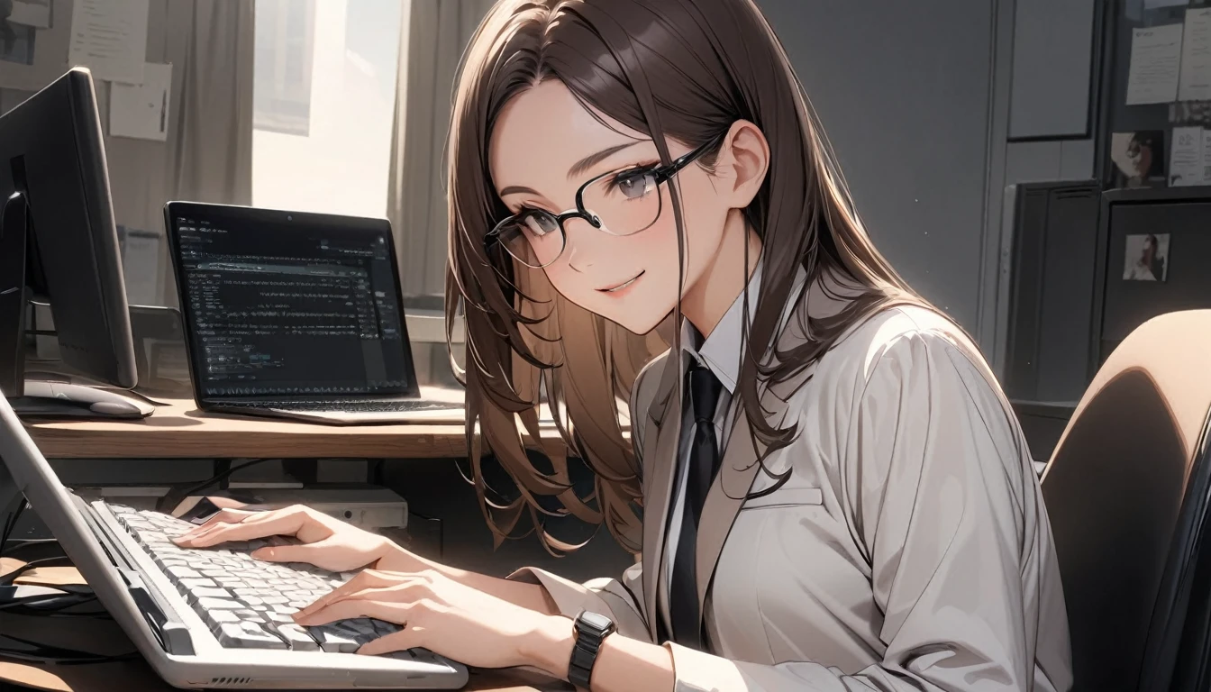 パソコンで仕事をするProfessionalグラマー,Portraiture,Professional,Wearing a smart suit,Stylish glasses,Typing on a sophisticated computer,Use a wireless mouse,Sitting at a modern desk,A soft smile,Soft natural light,High resolution,High resolution,Very detailed.One Woman ,alone, Dark brown hair ,Undistorted keyboard, focusing
