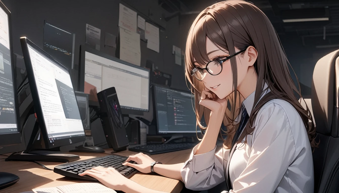 パソコンで仕事をするProfessionalグラマー,Portraiture,Professional,Wearing a smart suit,Stylish glasses,Typing on a sophisticated computer,Use a wireless mouse,Sitting at a modern desk,A soft smile,Soft natural light,High resolution,High resolution,Very detailed.One Woman ,alone, Dark brown hair ,Undistorted keyboard, focusing