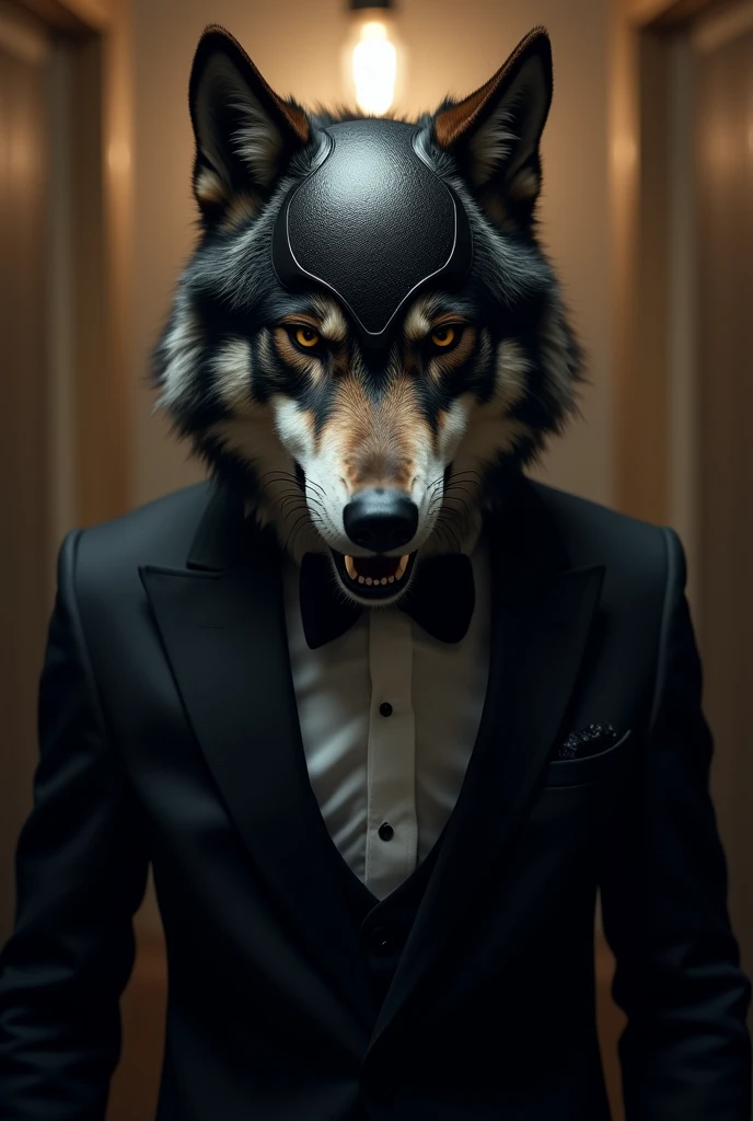 Maximum quality, dramatic lighting, threatening pose, fierce expression, epic atmosphere, (((wolf head shaped helmet))), (((full body shot shot))),A wolf dressed in a black tuxedo, ((details Intricate)), HDR, ((details Intricate, 超detailded)), incandescent bulbs, cinematic shot, vignette, Bokeh Effect Background, (Canines), (full body shot shot).
