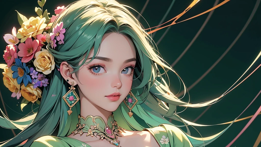 32K, 最高quality, 最高masterpiece, (ultra-Detailed Background, Detailed Background), High resolution, Super detailed, Very detailedな, One girl, (bouquet:1.3), (Tangled:1.2), (Geometric:1.2),(colorful),(masterpiece, quality, best quality, Official Art, Beautiful and beautiful:1.2), (1 girl:1.3), Very detailed,(colorful:1.1)(Flowers:1.3),Most detailed,(Tangled:1.2), whole body, (Abstract background:1.3), (Skin glows), (Many colors:1.4), ,(Earrings Jewelry:1.5), Light green background,