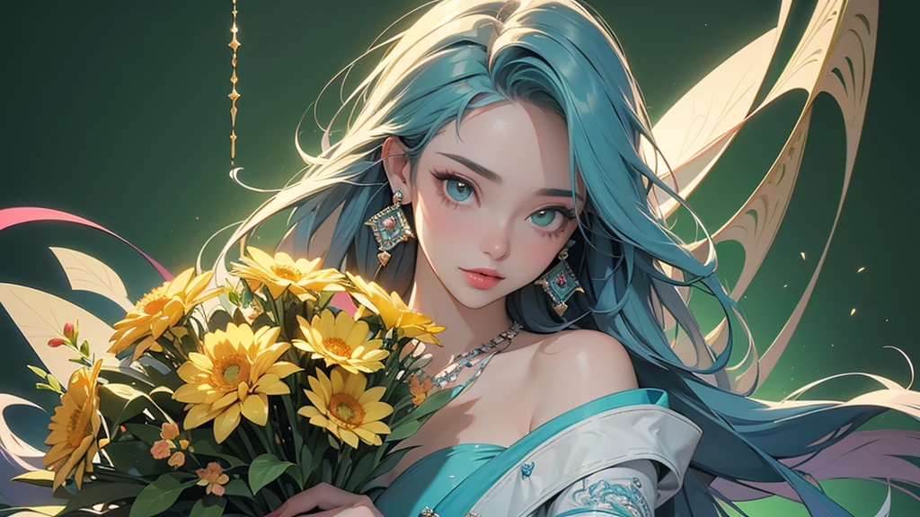 32K, 最高quality, 最高masterpiece, (ultra-Detailed Background, Detailed Background), High resolution, Super detailed, Very detailedな, One girl, (bouquet:1.3), (Tangled:1.2), (Geometric:1.2),(colorful),(masterpiece, quality, best quality, Official Art, Beautiful and beautiful:1.2), (1 girl:1.3), Very detailed,(colorful:1.1)(Flowers:1.3),Most detailed,(Tangled:1.2), whole body, (Abstract background:1.3), (Skin glows), (Many colors:1.4), ,(Earrings Jewelry:1.5), Light green background,