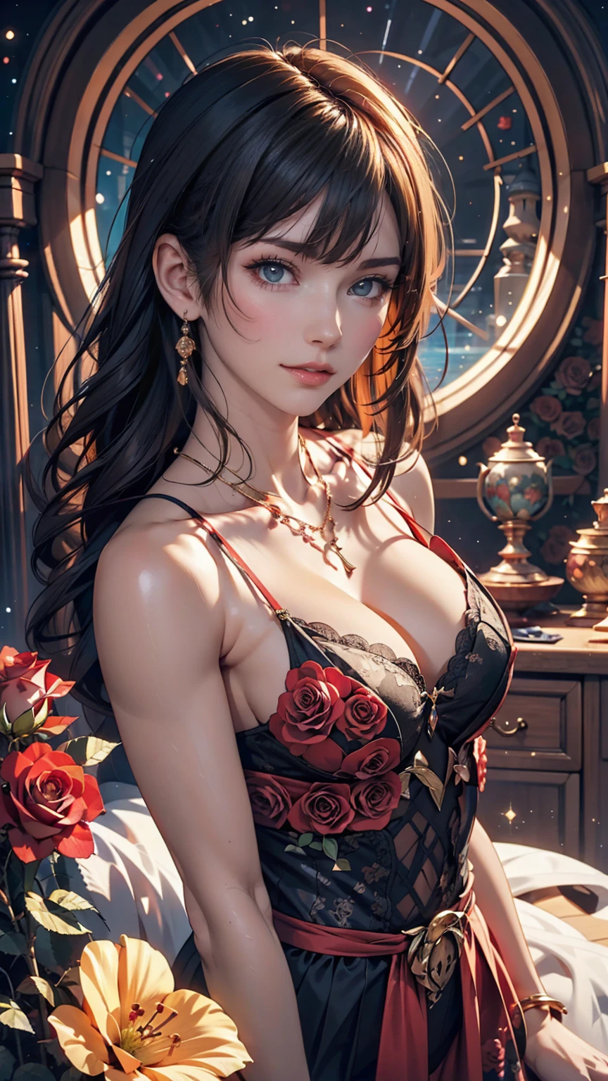 Close-up of a woman with colorful hair and necklace, Anime girl with space-like hair, The gentle vitality of rose roses, Gubes-style artwork, Fantasy art style, colorful], Vivid fantasy style, Ross draws vibrant cartoons, cosmic and colorful, Gwaiz, colorful digital fantasy art, Great art style, Beautiful anime style, Full body lighting, Skin Brightness, Sexy look