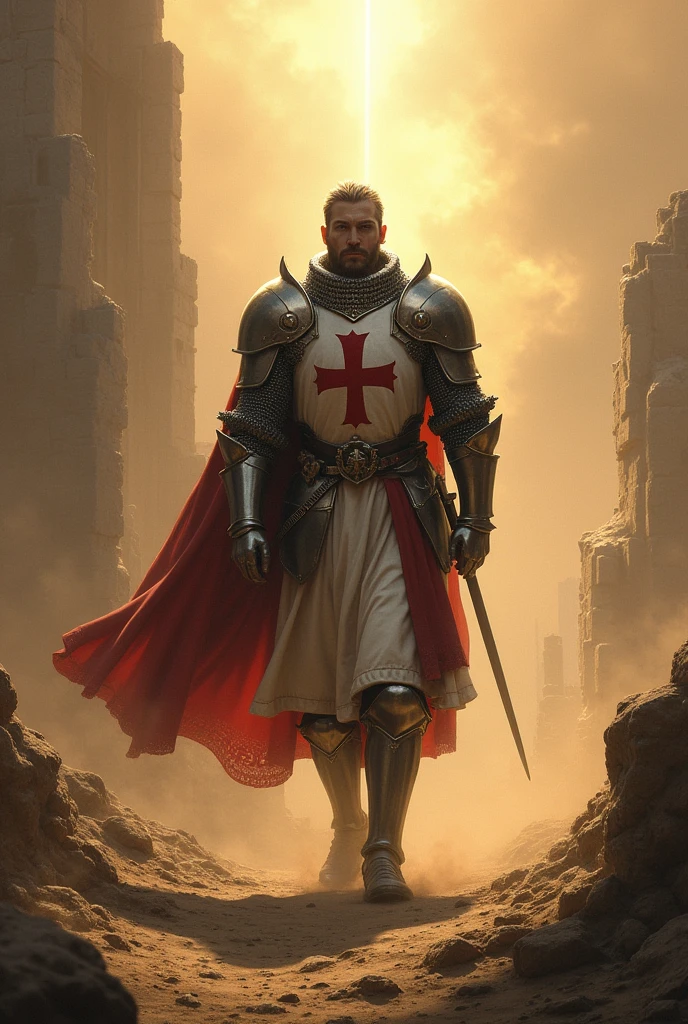 Knight Templar on a march with a Holy Light coming from above