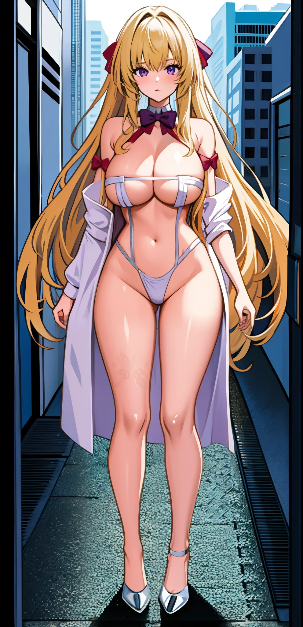 girl,Large Breasts,long hair,Topless,Bow,Blonde Hair, Purple Eyes, Cleavage,Large Breasts,whole body,NUDE