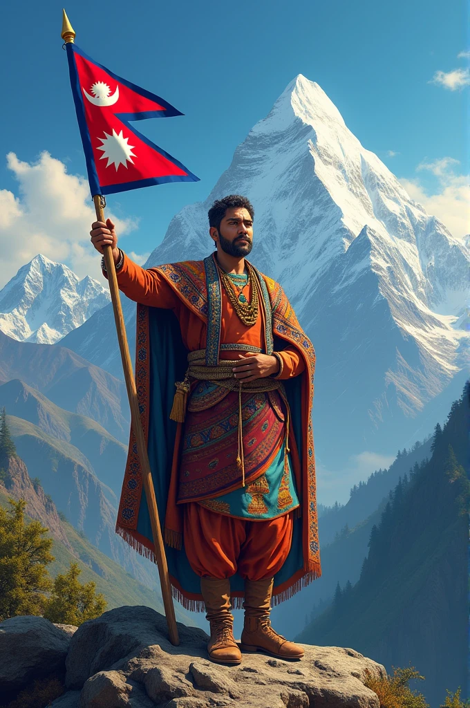 Create full hd image of prithivinarayan sah with national flag and mount everest