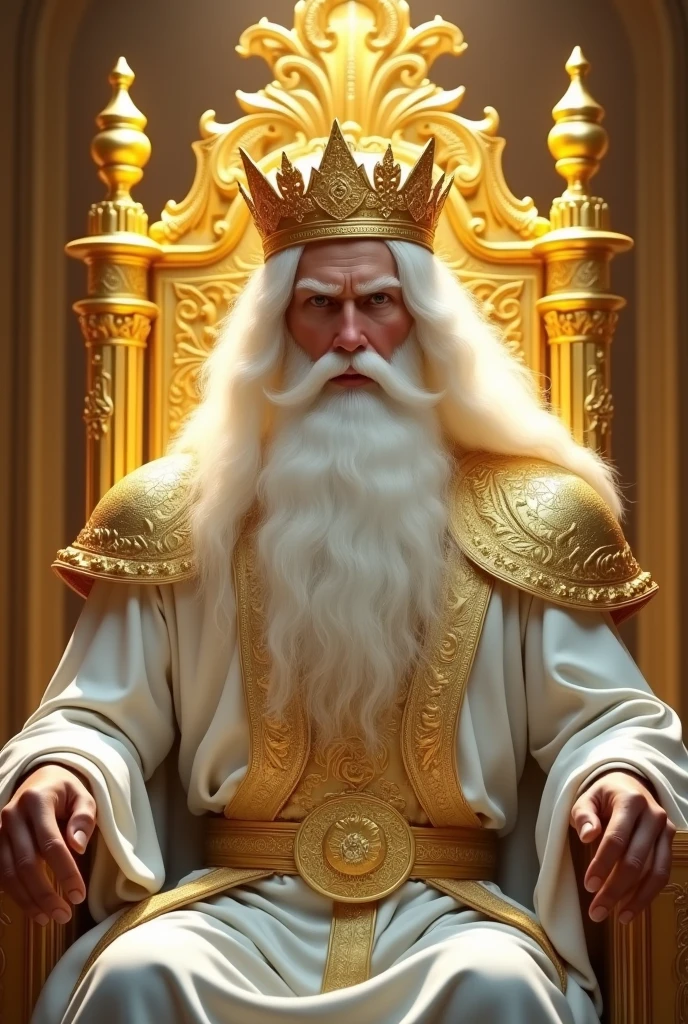 a young luminous man with posture, powerful and majestic, with very long white hair, with a big white beard, facing the front, with large white robes, with a breastplate, with a golden belt and a large shining crown of gold on his head sitting and leaning on a large and exalted throne all of gold with shoulder armor