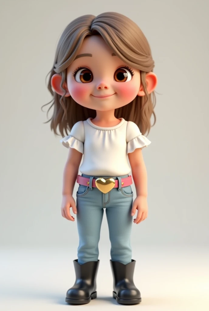 3D image of a 5 year old child full body. Wearing a white blouse with ruffles on the sleeves and light jeans with a pink belt and a gold heart buckle.  She has light brown hair and brown eyes., small nose and white skin. Straight hair parted on the side, shoulder length,  loose and with bangs. Slanted eyes and happy smiling.  black boot. Face is tapered at the chin 