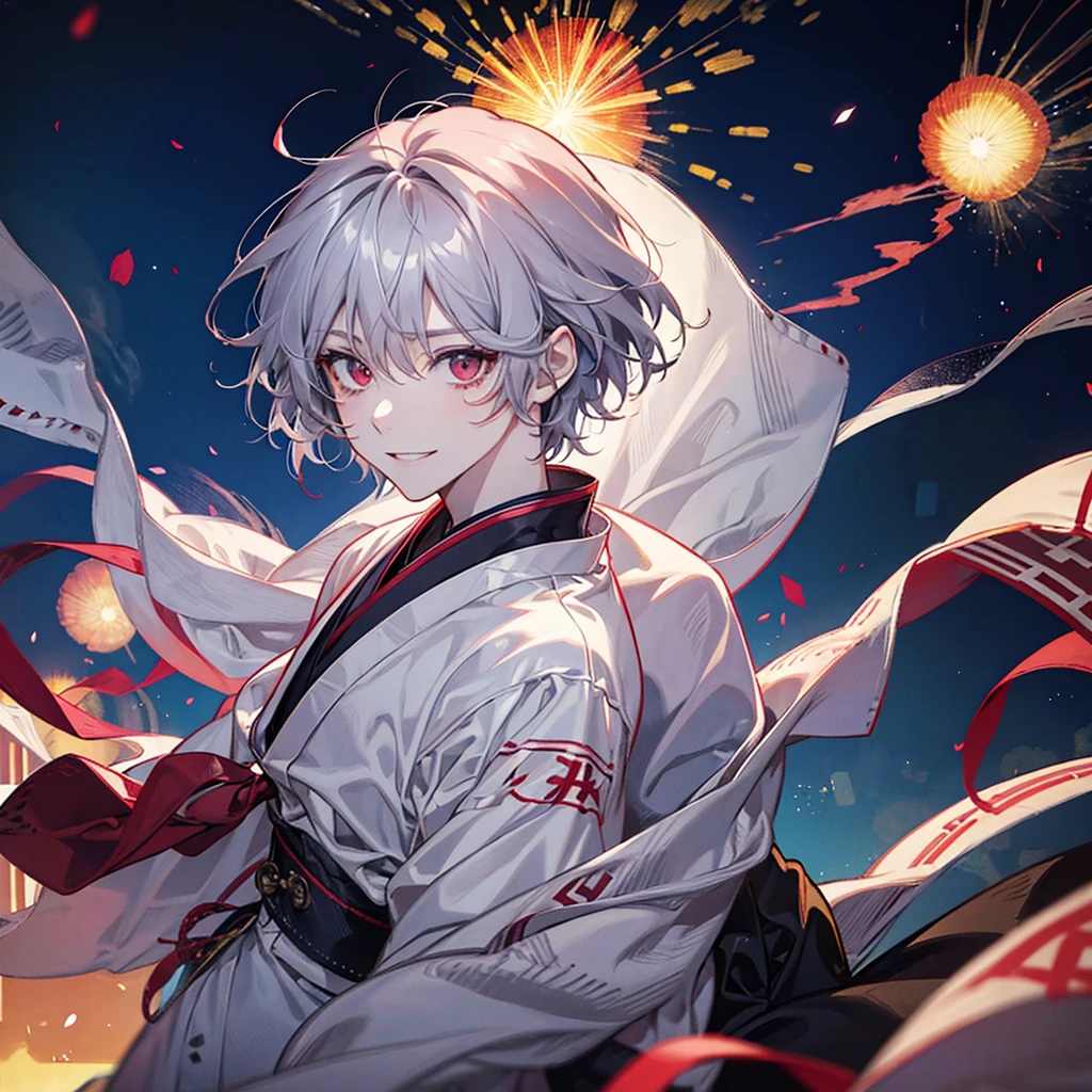 solo, Gray Hair, Red eyes, smile, Anime Style, male, Short Hair, yukata, firework