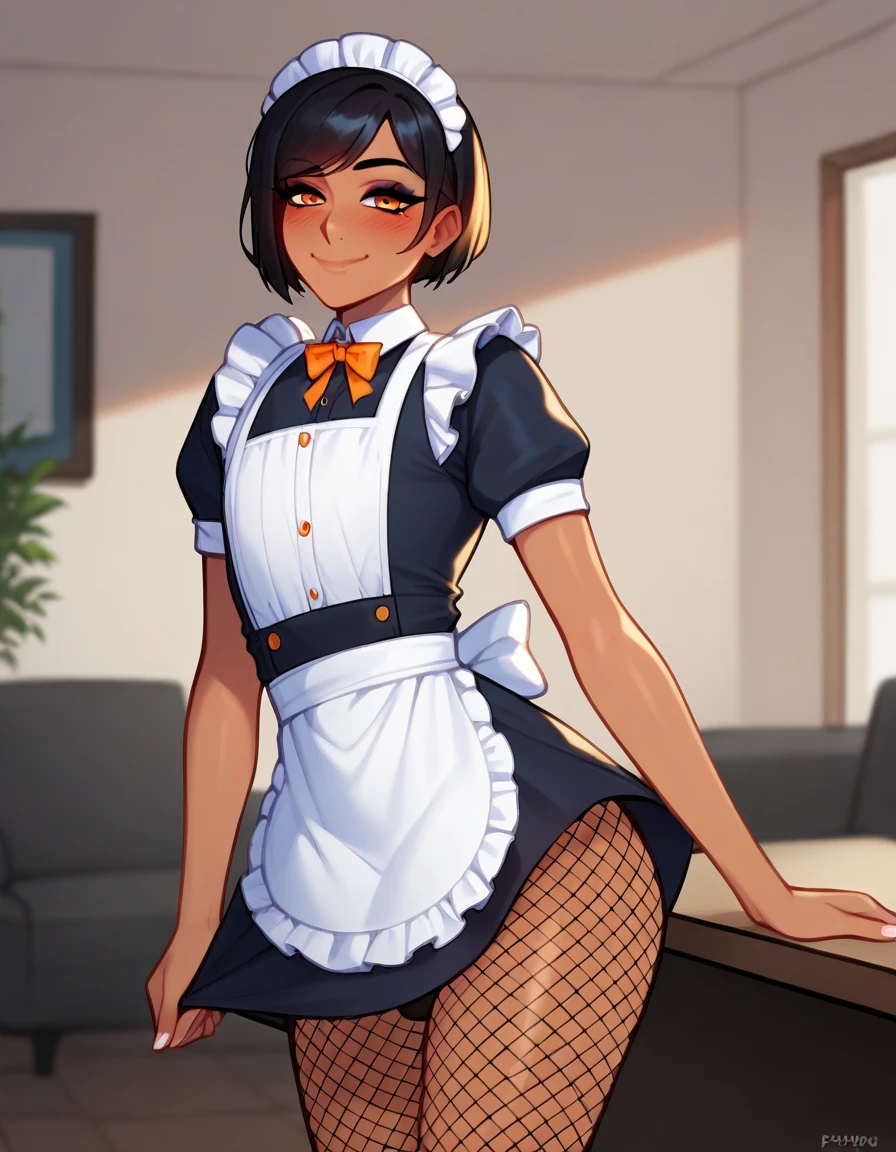 score_9, score_8_up, score_7_up, score_6_up, score_5_up, score_4_up, solo, standing, male, human, (dark skin, girly:1.2), smile, blush, (mouth closed:1.2), maid uniform, fishnet pantyhose, makeup, orange eyes, black hair, bob cut, swept bangs, (messy hair:0.6), animal ears, fox ears, fox tail, indoors, bedroom, masterpiece, best quality