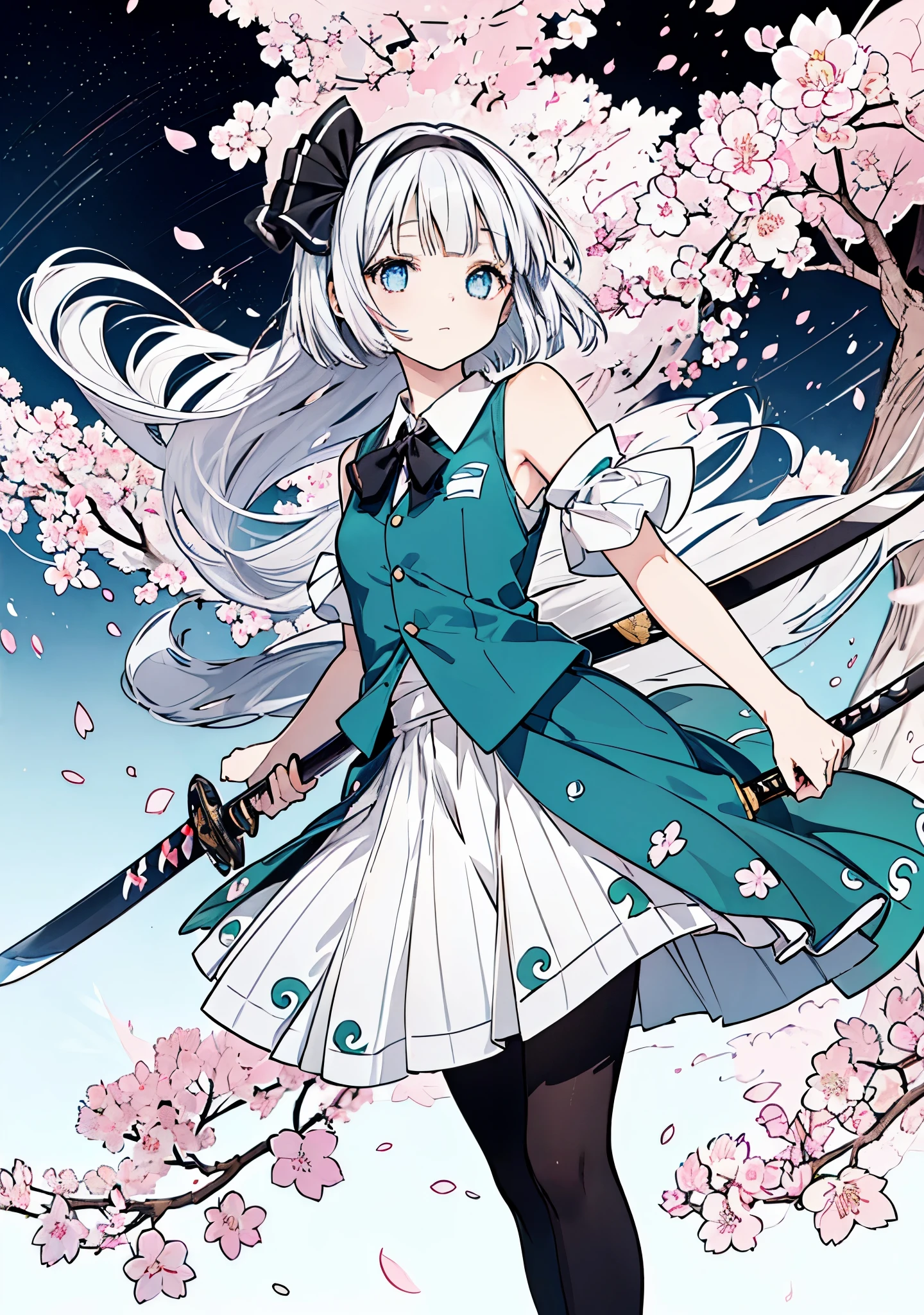 ((((Awakening)))),(((Highest quality))),((((Aura overflowing)))),(shape),(Dynamic Angle), ((Oriental Project)),((Disheveled Hair)), (((A slim body))),(((Use your sword skills))), ((girl wearing black tights)), (((View from the front))),((Beautifully detailed body)),((Shoulders are exposed)),(((Mysterious and sparkling blue eyes)))Gray Hair,((long hair with stripes)), Beautiful attention to detail,(Gradient color eyes),(((Delicate eyes))), (((background))),(((High saturation))),(((konpaku youmu))),(((In front of the cherry blossoms at night))