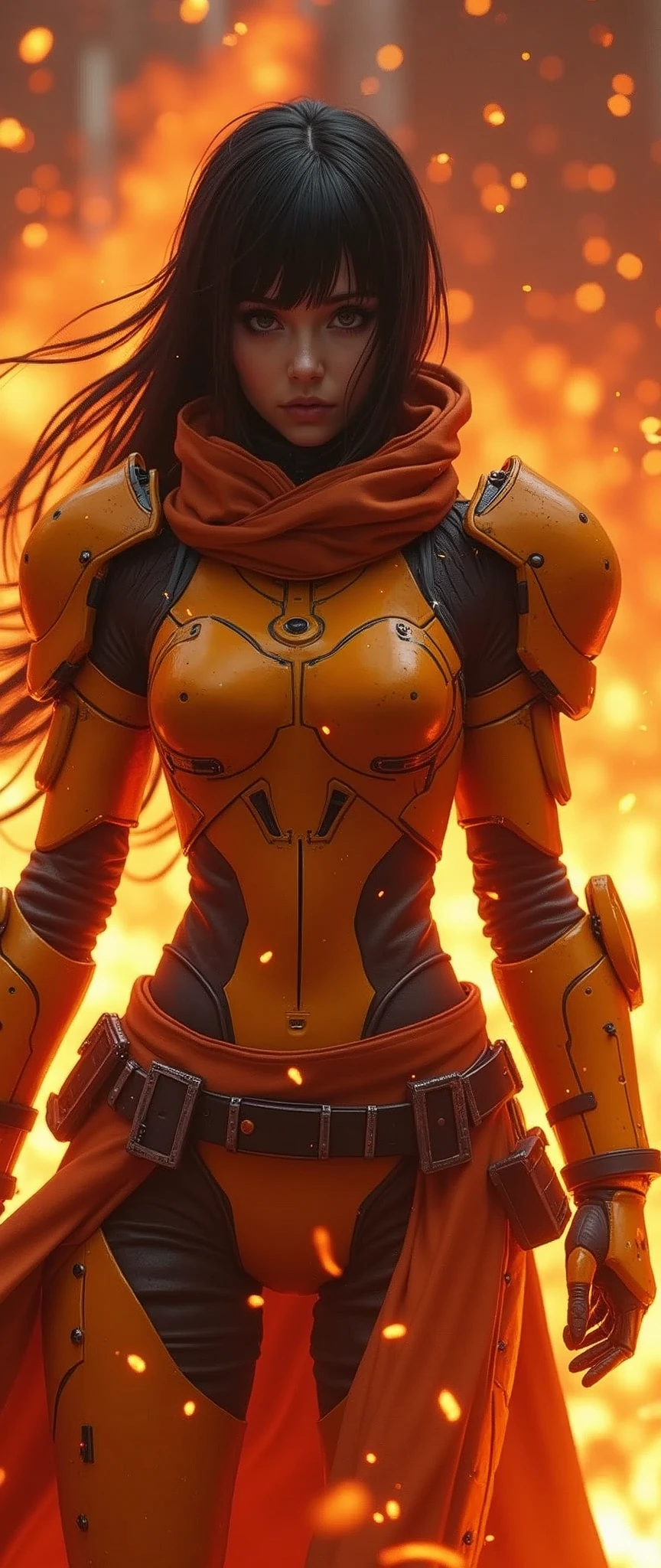 (masterpiece:1.2, Highest quality,Ultra-high resolution,Super detailed),8k,wallpaper,(Armored Core Style),Woman in ninja robot armor,Black Hair,Random Hairstyles,(Fire Ninja),(Orange body),(Detailed face:1.3),(Detailed body:1.3),(Cowboy Shot),(The background is a burning flame and a red battlefield:2.0),(Preparing for battle,The electronic components of the armor glow as it stores a huge sphere of fiery energy in its palm.),(Detailed hands:1.6),(Flashy special move effects:2.0)