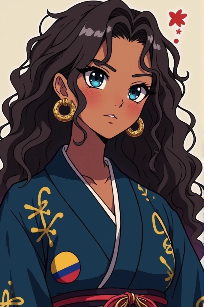 a brown skin girl, with long curly clubbread hair, slanted and dark blue eyes, demon hunter (kimetsu no Yaiba) breathing the melody and has the haori dark blue on the edge of musical notes, she wears golden earrings with medium hoops and a hook on the left of the Colombian flag. Nationality: Colombian-Japanese. age: 16 years.