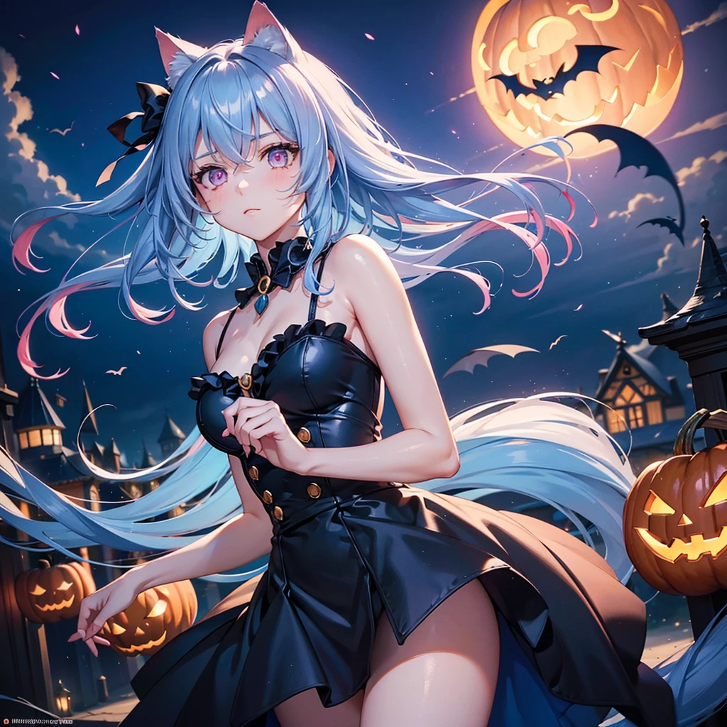(Sky Blue Hair),(Medium Hair), (Pink Eyes),Fair skin) ,(whole body),(One Girl),(Crescent Moon),(There are many pumpkin ghosts in the background),Cat ear,Cat costume,Cat Pose,(Trick or Treat),Halloween Night Party),(masterpiece, Highest quality, Very detailed, Best Shadow), (Detailed Background), (Beautifully detailed face), High Contrast, (Best lighting, Very delicate and beautiful), ((Cinematic Light)), Hyper Detail,8k, Dramatic Light, Intricate details,night,Flying bats in the sky,