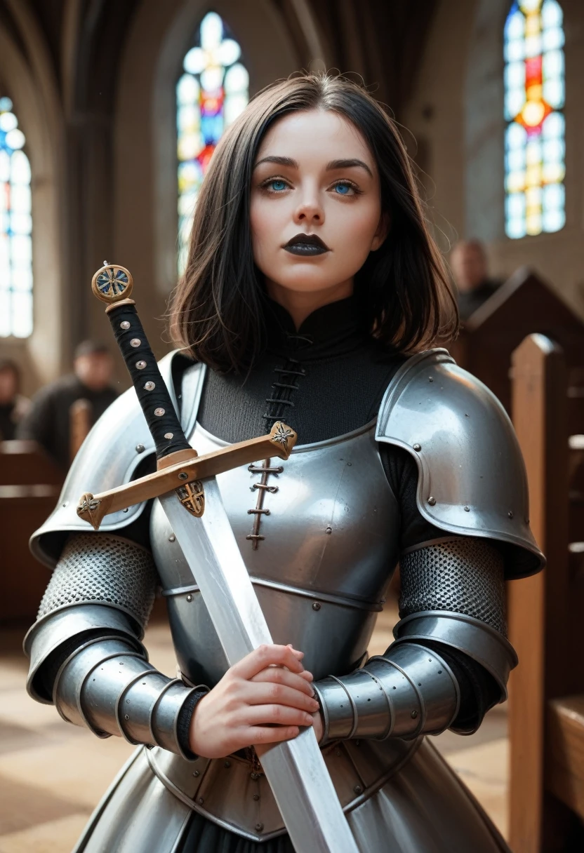 black female,blue eyes, classic black bob hair,black lipstick,wearing medieval armor,holding a sword,in old church