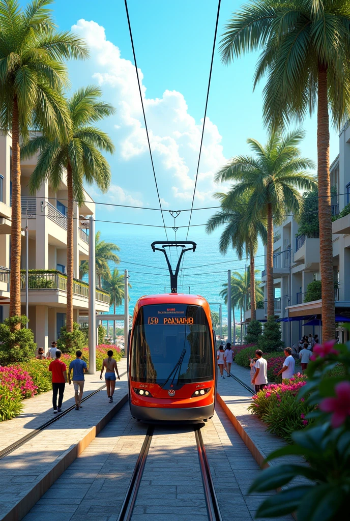 Panama coastal strip with a modern tram at a stop