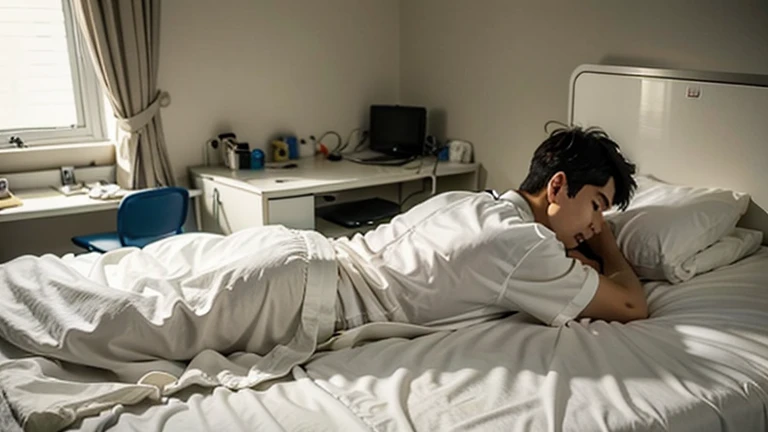 A man in a patient's gown lies on a bed in a hospital room.