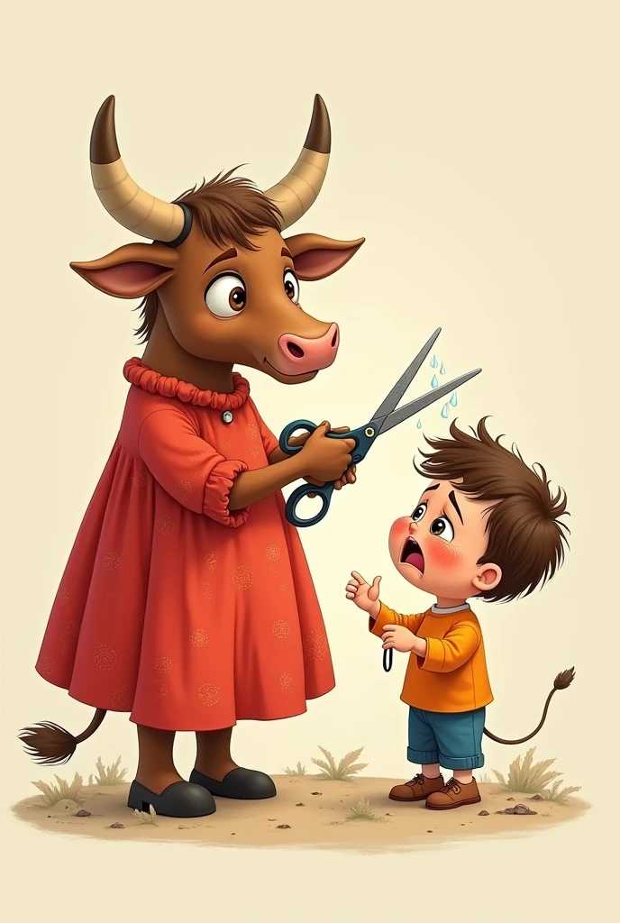 Make a brown cow in a red dress by cutting a boy's bangs with scissors and he is hornless and crying