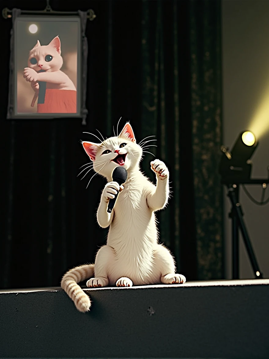 A cat is sitting at the edge of the stage, holding a microphone and singing.。The small picture in the upper left corner of the screen is a photo of a cat yawning with its mouth wide open.。