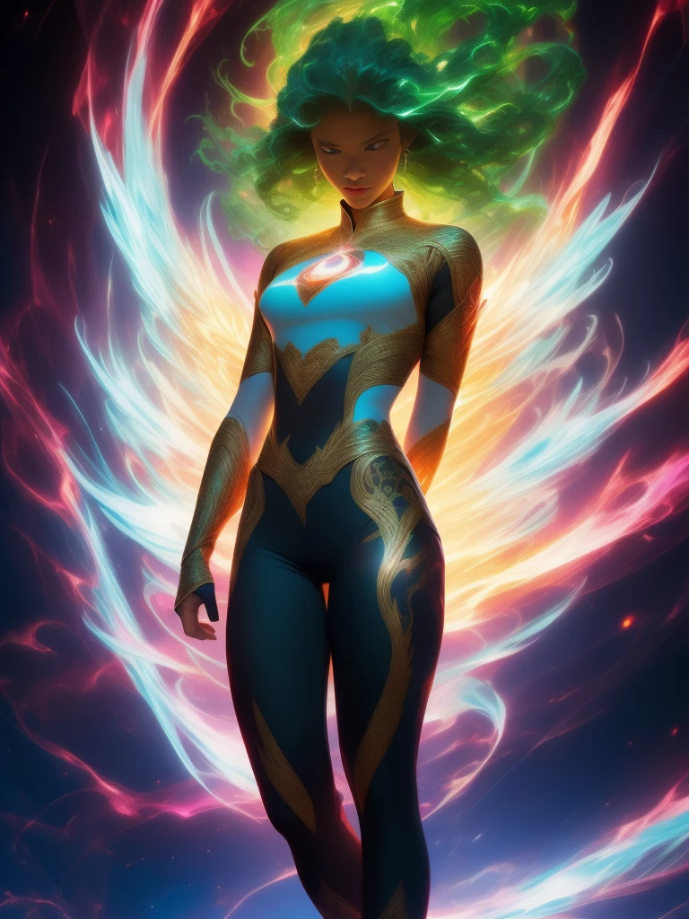 tan lines, black skin, huge breasts, Phoenix background, green hairs, curved hips, red eyes, white leggings, glowing effect, priest, healer, fantasy, gold ornament, full body view, walking, focusing magical energy in hand,