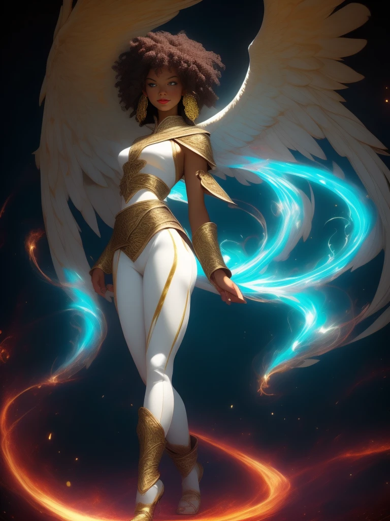 tan lines, black skin, huge breasts, Phoenix background, green hairs, curved hips, red eyes, white leggings, glowing effect, priest, healer, fantasy, gold ornament, full body view, walking, focusing magical energy in hand,