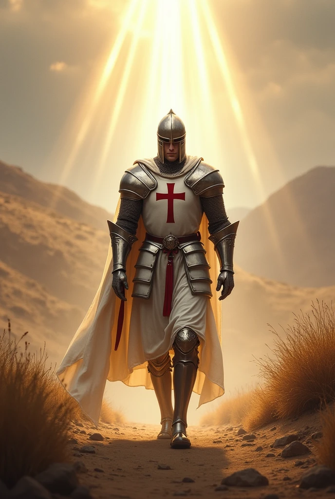 Knight Templar on a march with a Holy Light coming from above