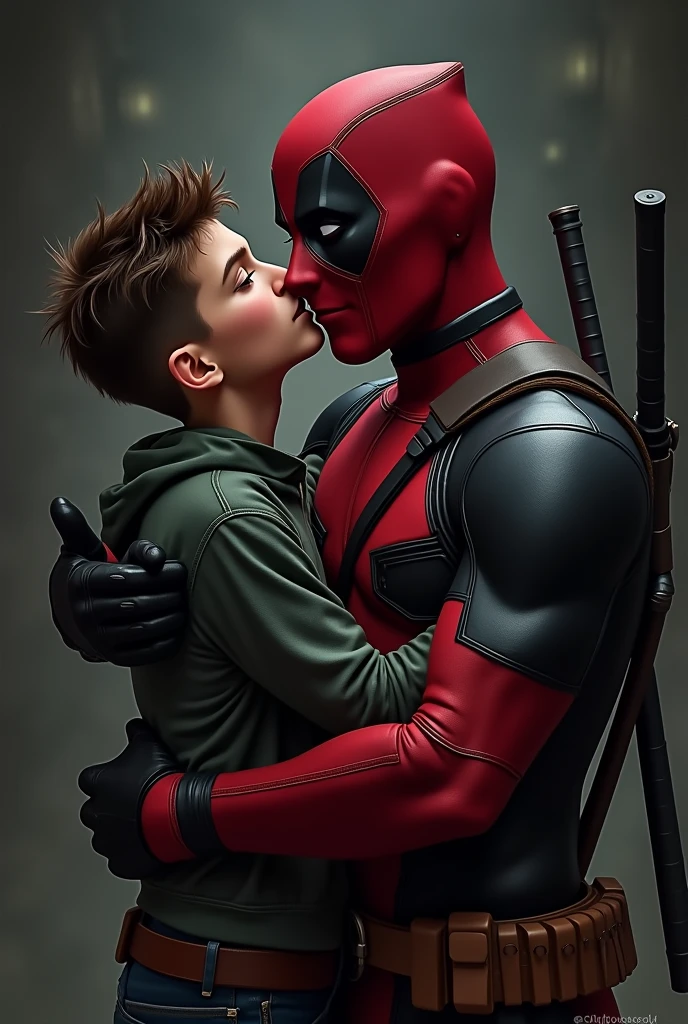A cool Deadpool wallpaper in which Deadpool is holding a smart tall 14 year old boy in his arms and they are Happy and kind of sexy and Deadpool is loving him