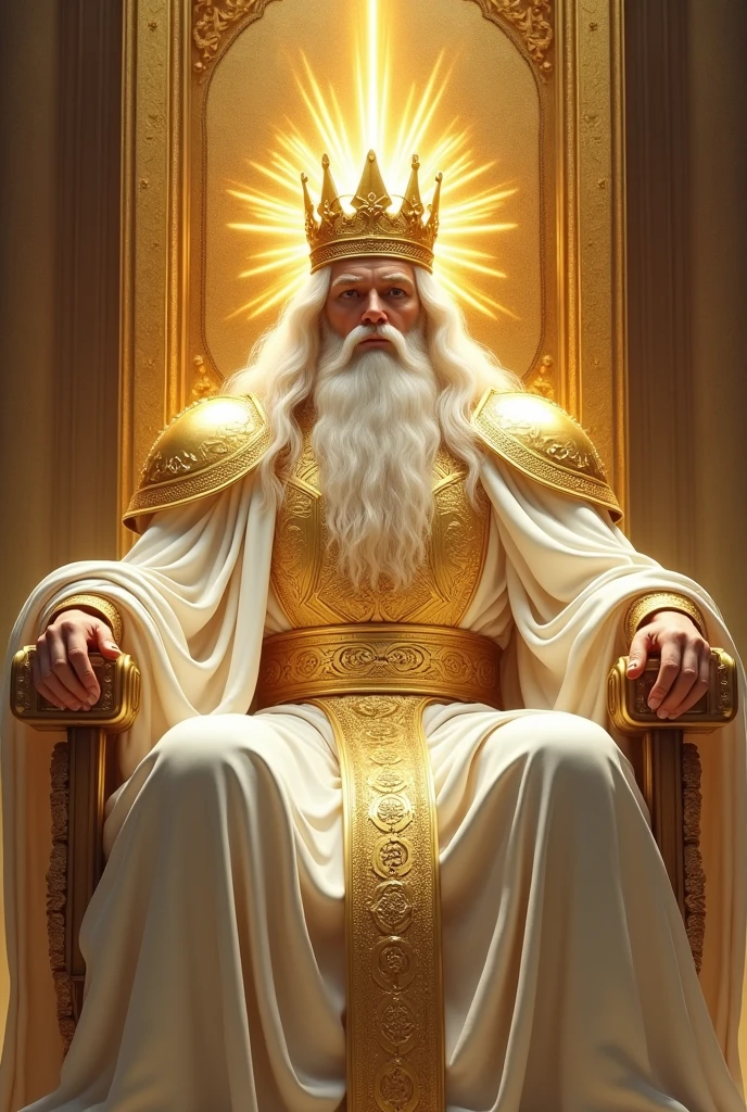 a young luminous man with posture, powerful and majestic, with very long white hair, with a big white beard, facing the front, with large white robes, with a breastplate, with a golden belt and a large shining golden crown on his head sitting and leaning on a large throne, and exalted and spacious all of gold with shoulder armor