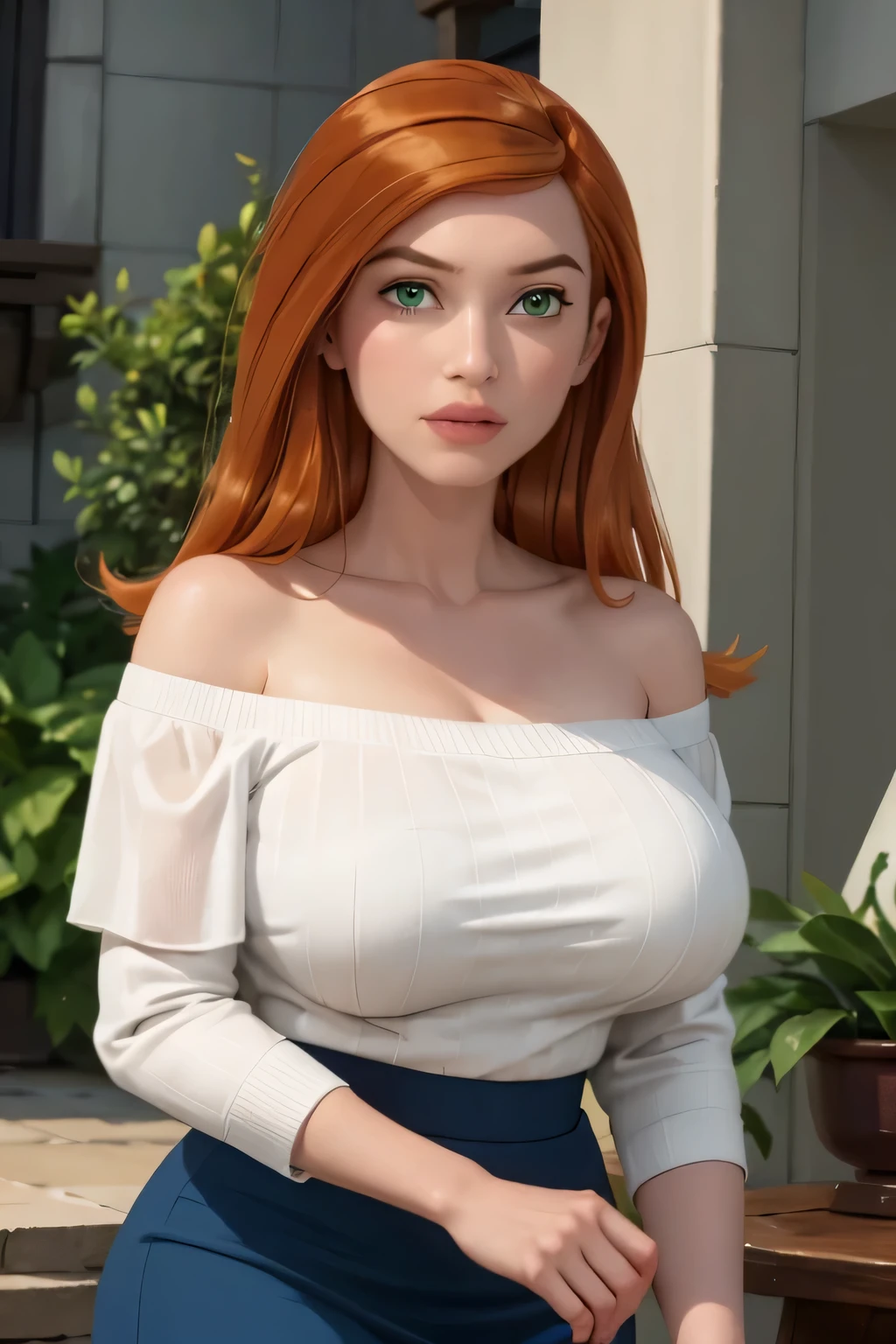 1Milf Gwen Tennyson. ginger. green eyes.huge breasts. Straight hairstyle ,bbw. bbw. Blue and white off shoulder half top, mini micro skirt 
